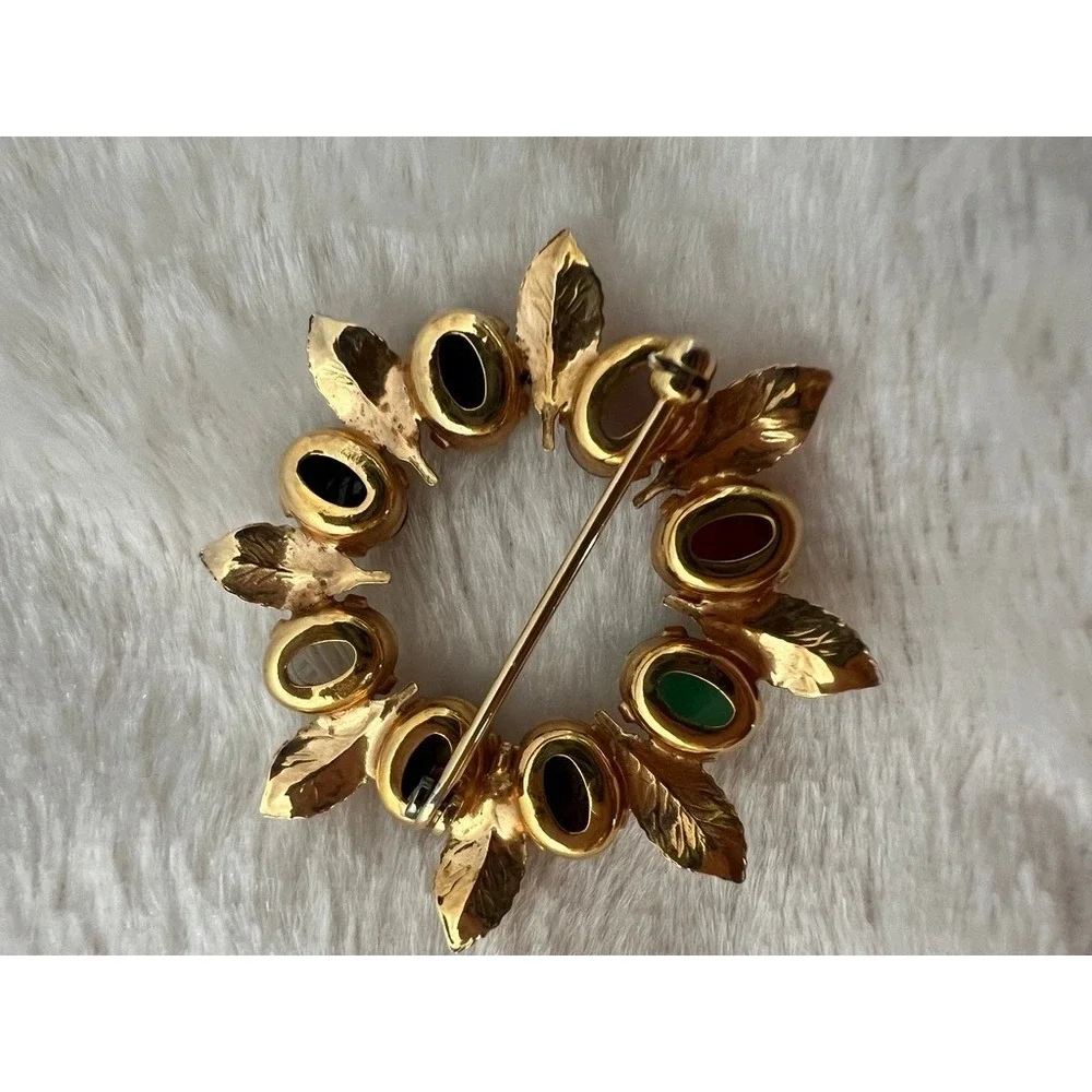 Vintage Scarab‎ Brooch Gold Multi Color Carved Glass Gemstones Egyptian Revival